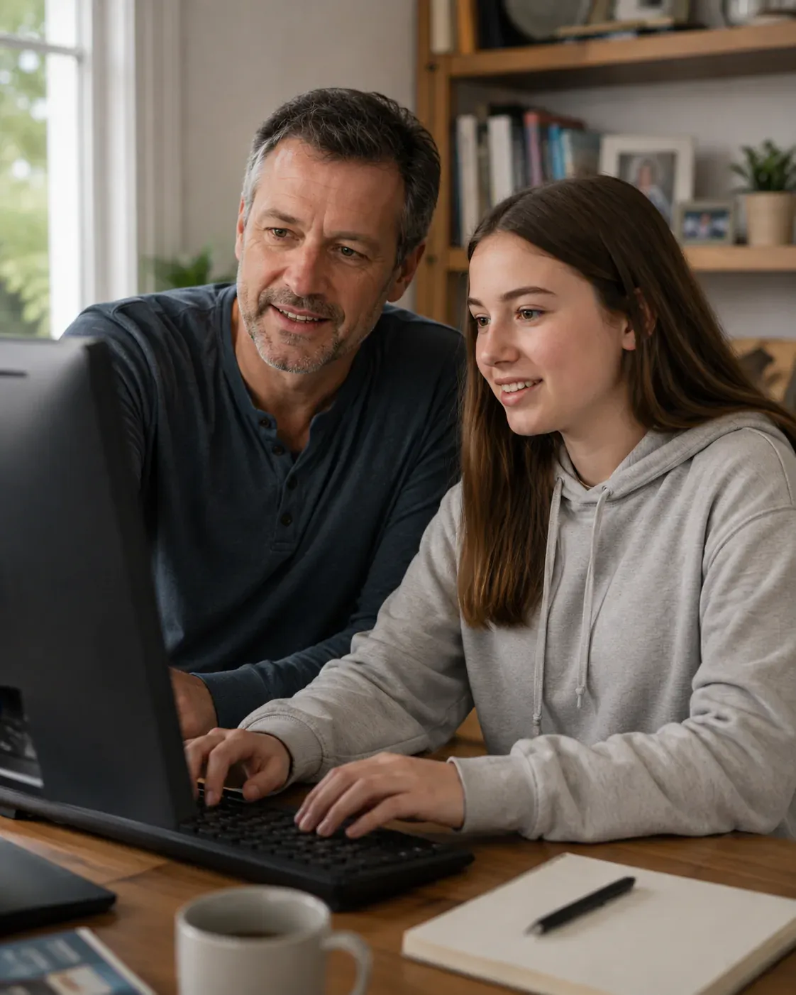Parent and young person exploring information together on a computer.
