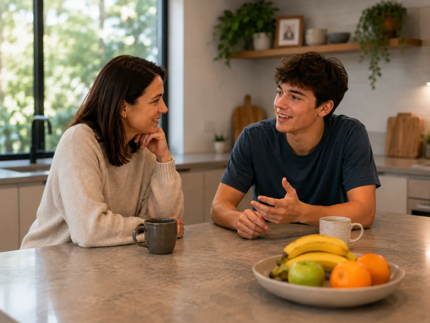 Parent and teenage son talking together at a kitchen bench.