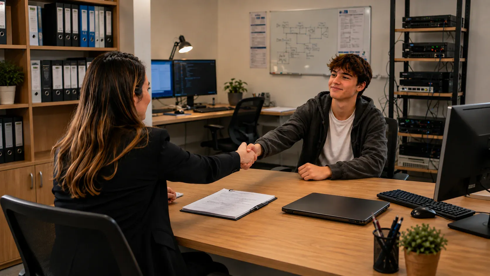 Young person meeting with a woman in a technology workplace.