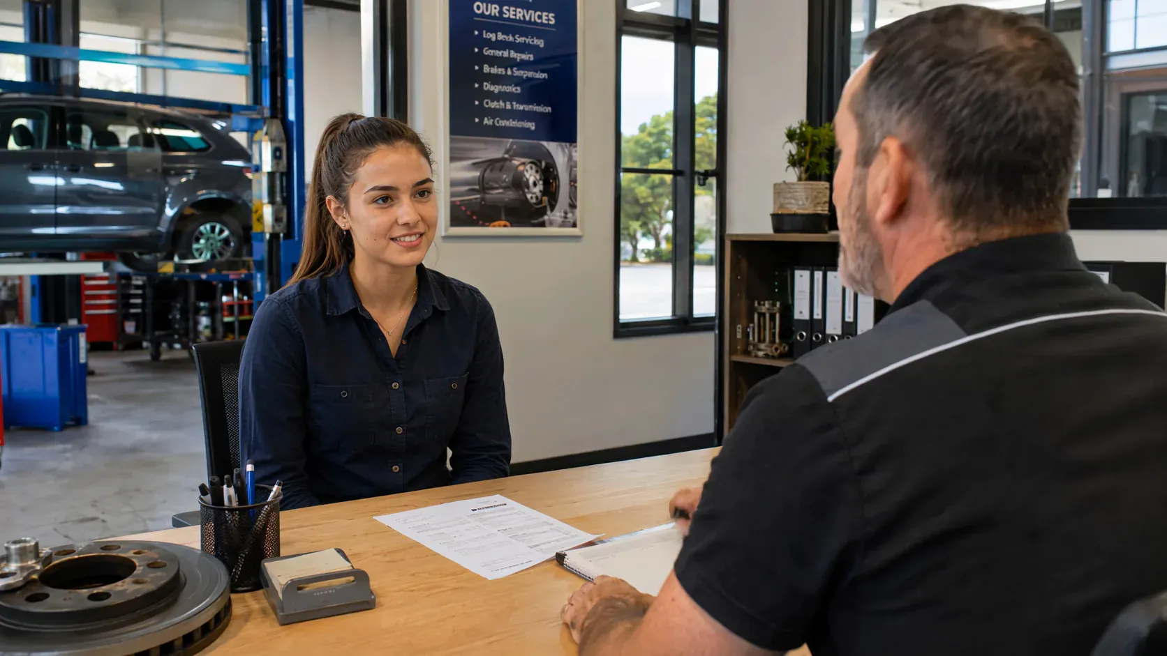 Young person discussing work possibilities in an automotive workplace.