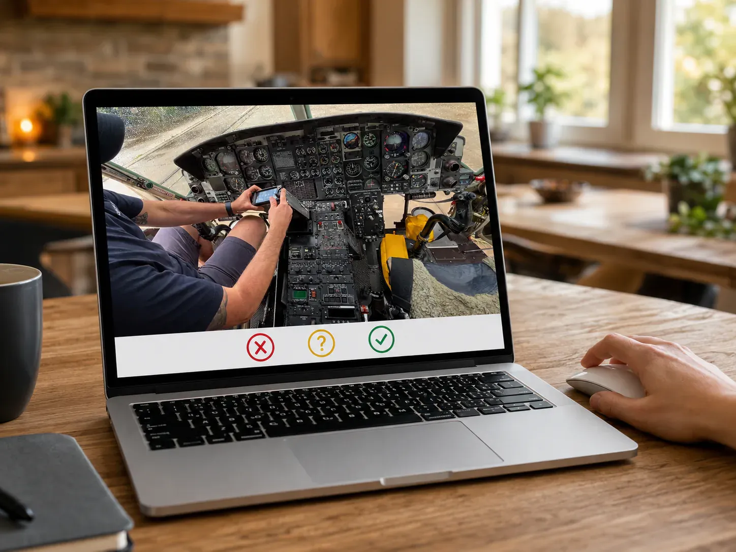 Laptop showing a work activity video with cross, question mark and tick response choices.