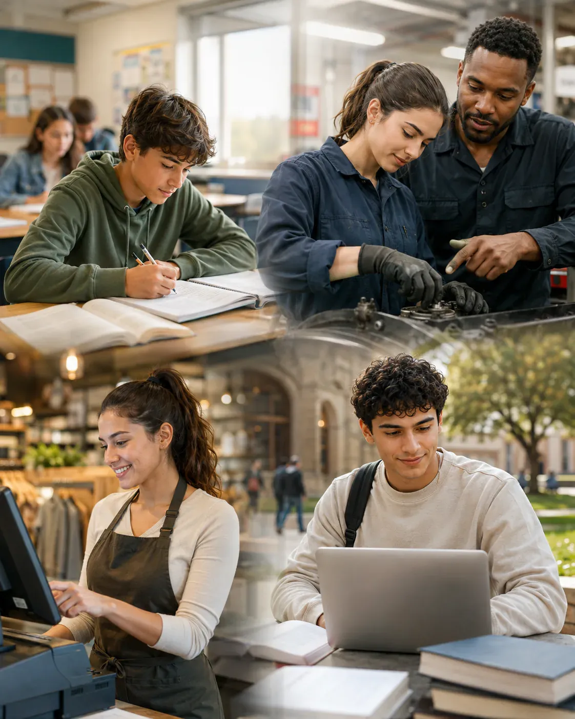 Young people exploring school, training, work and further study at different points in their journey.