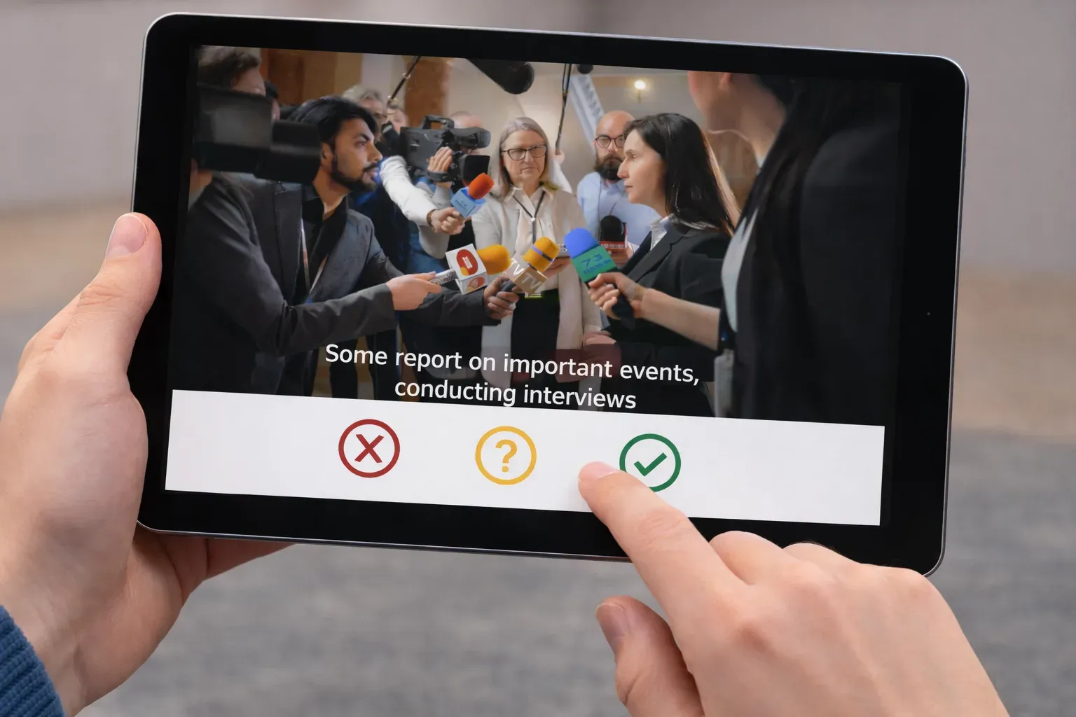 Work Sync in use on a tablet, showing a work video and the no, not sure, and yes response buttons.