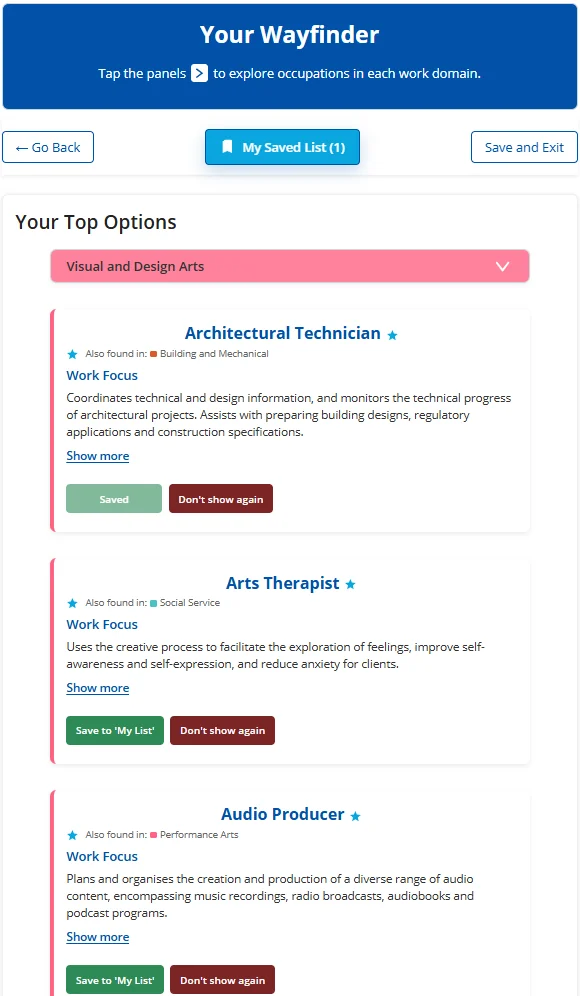 Visual and Design Arts expanded in Wayfinder, showing Architectural Technician, Arts Therapist and Audio Producer as occupations to explore.