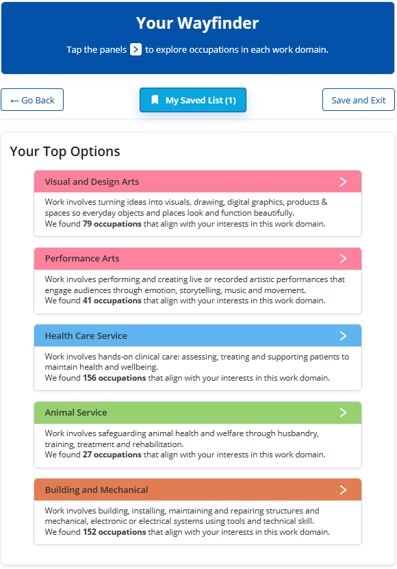 The Work Sync Wayfinder showing tailored occupation options.