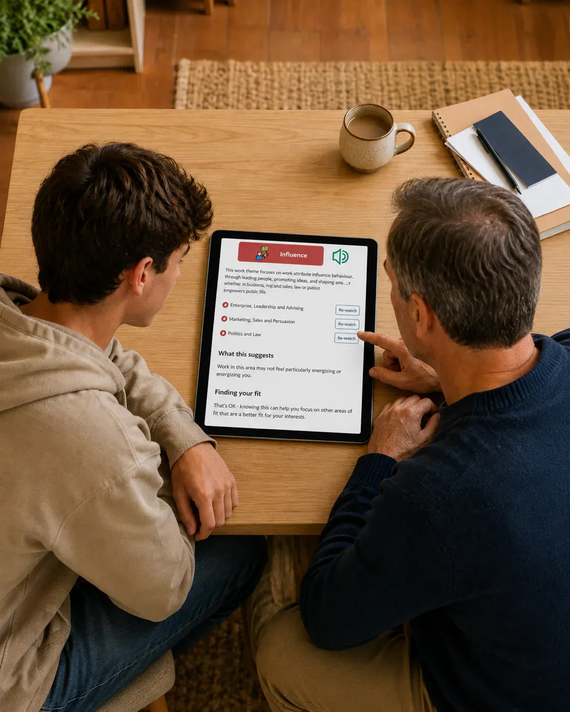 Young person and parent viewing a Work Interest Summary together on a tablet.