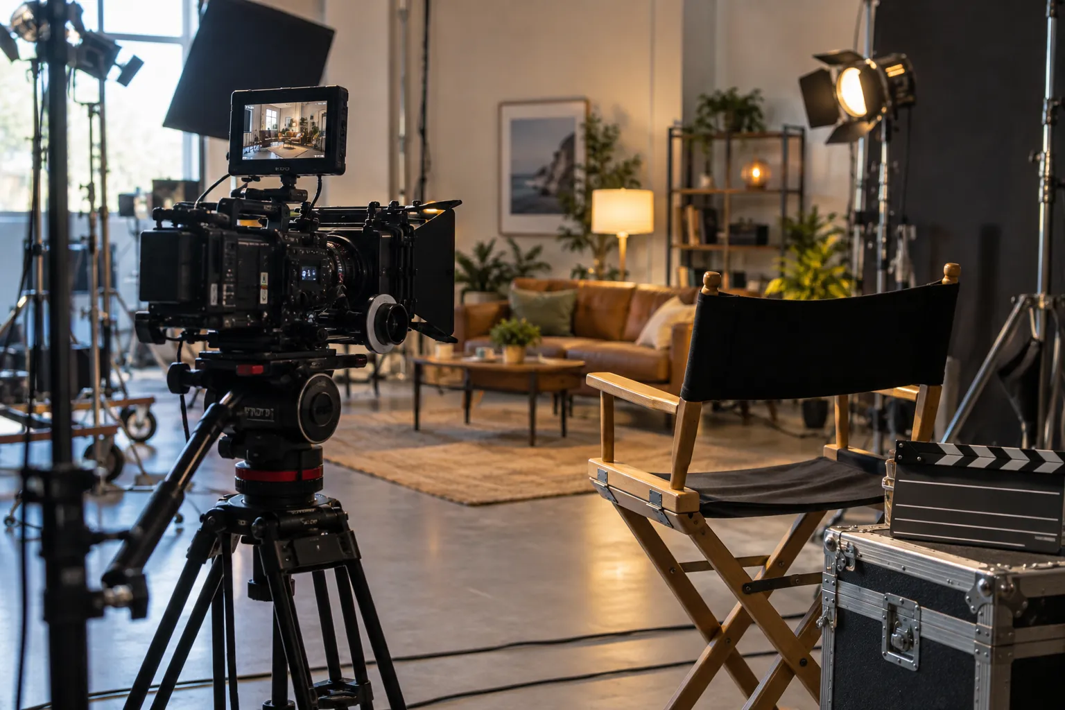A cinema camera and director’s chair on a film set.