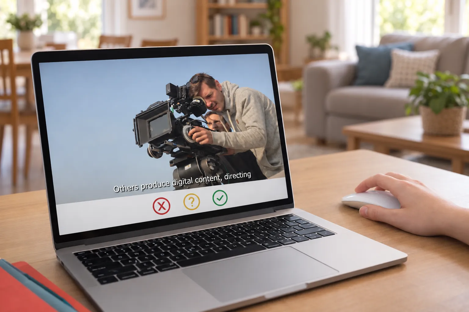 Work Sync on a laptop at home, showing a work video with cross, question mark and tick response choices.