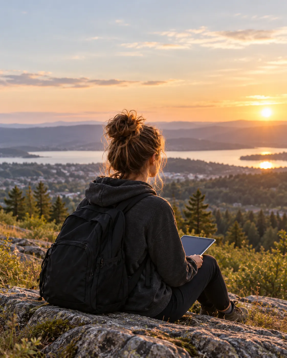A young person with a backpack and tablet looking across hills and a lake at sunset.