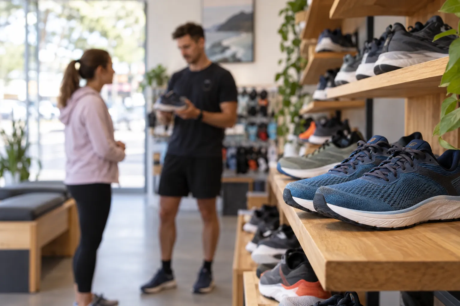 Running shoes on display in a sports shop.
