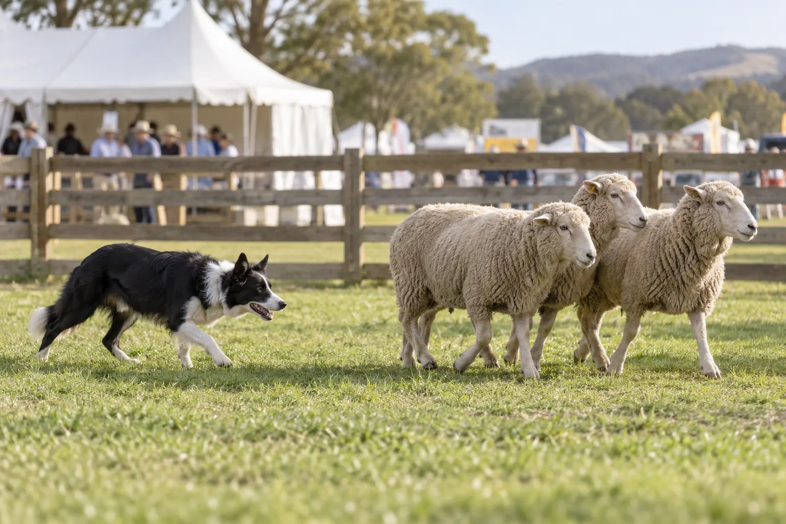 A border collie guiding sheep at an agricultural show.