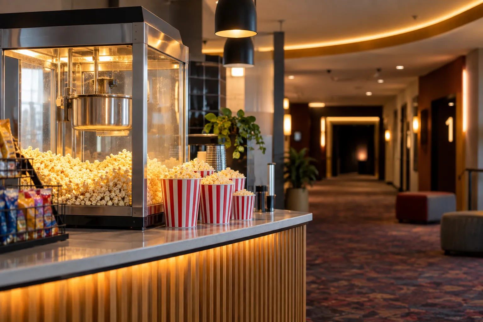 Popcorn at the counter of a local cinema.