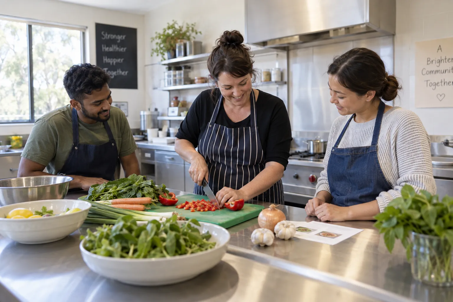 Adults learning to prepare food together in a community kitchen.