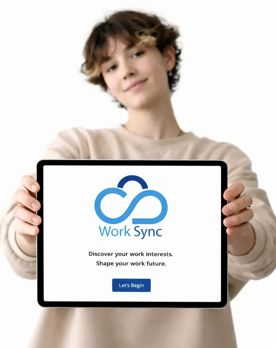 Young person holding iPad showing the Work Sync app on the screen.