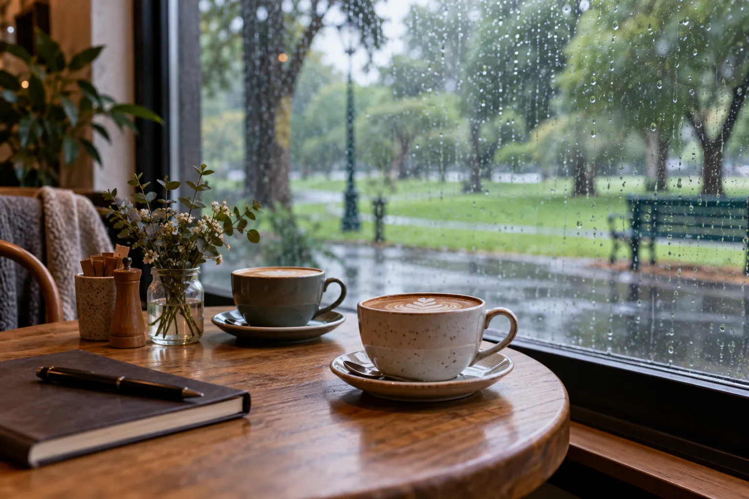 Two cups of coffee beside a rain-covered café window.