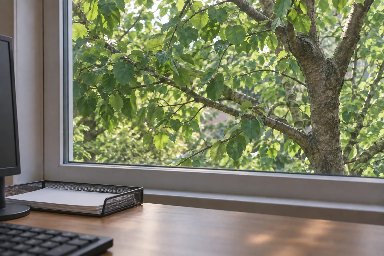 An office desk with a keyboard and paperwork beside a window overlooking a leafy tree.