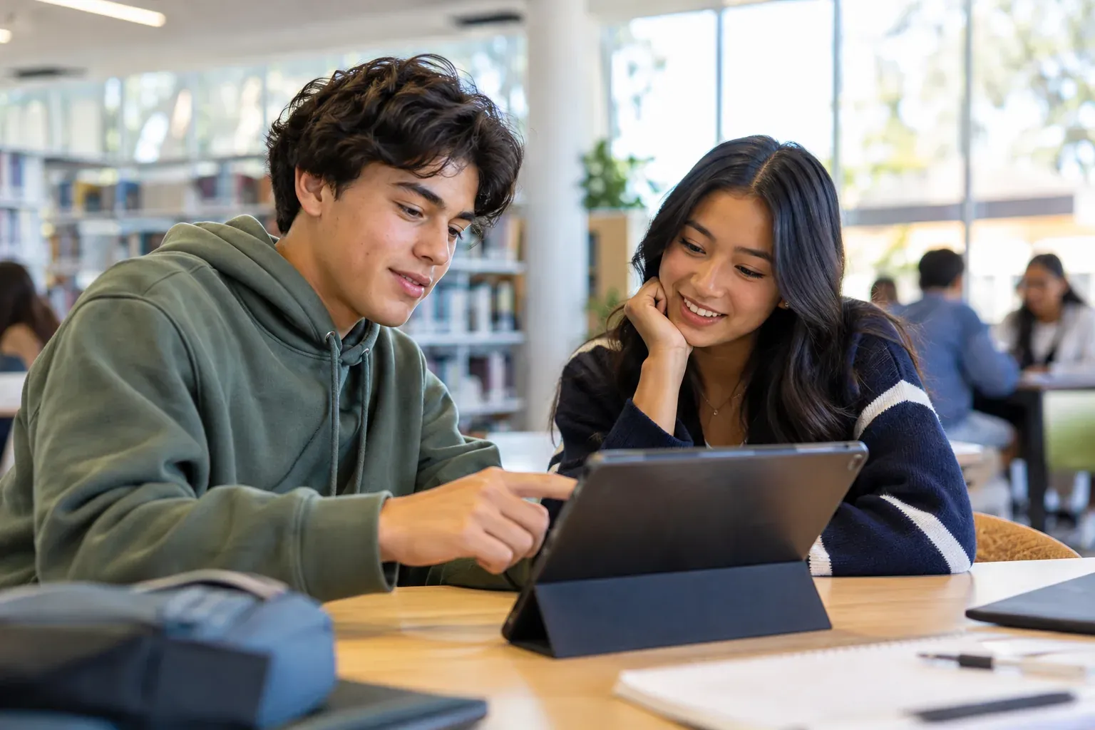 Two young people browsing ideas together on a tablet in a library.