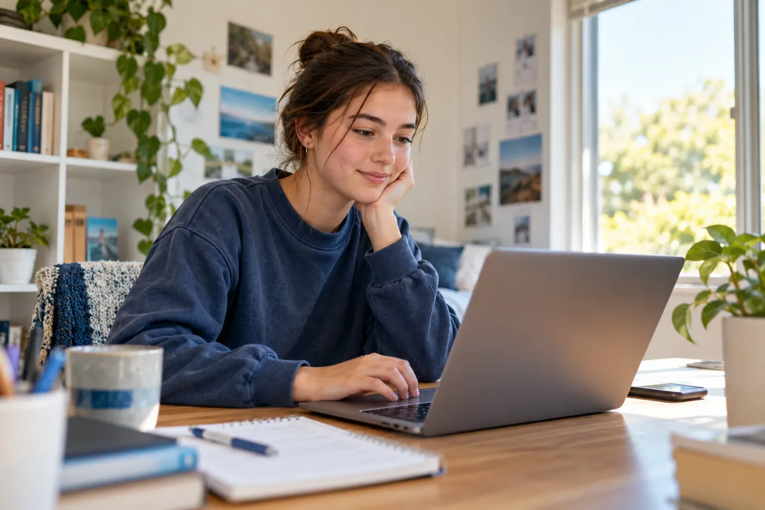 A teenager exploring on a laptop at home, with books and a notebook nearby.