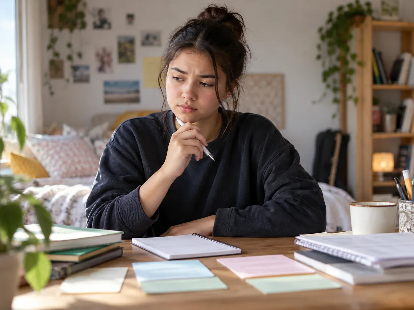 Young person looking uncertain while thinking over notes at a desk.